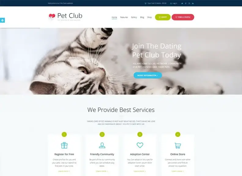 Evcil Hayvan Kulübü |  Hizmetler, Evlat Edinme, Flört ve Topluluk WordPress Teması