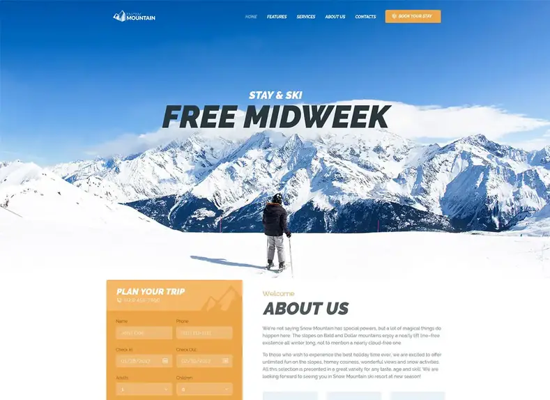 Montagne enneigée |  Thème WordPress de luxe pour station de ski et école de snowboard