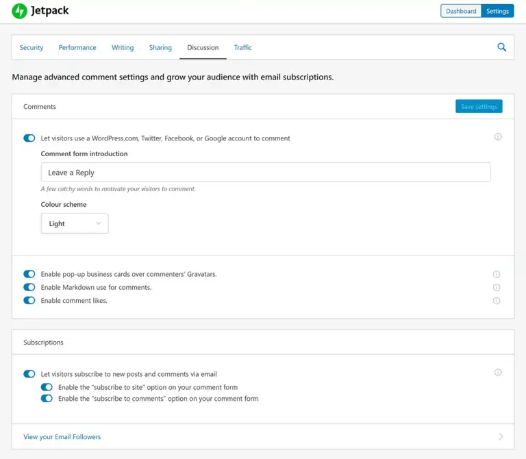 Impostazioni di discussione Jetpack