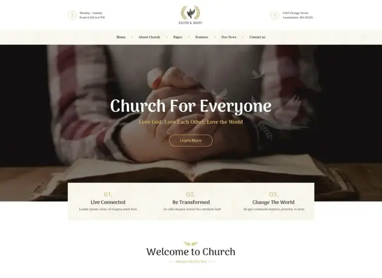Foi et espérance |  Un thème WordPress à but non lucratif pour les églises et les religions modernes