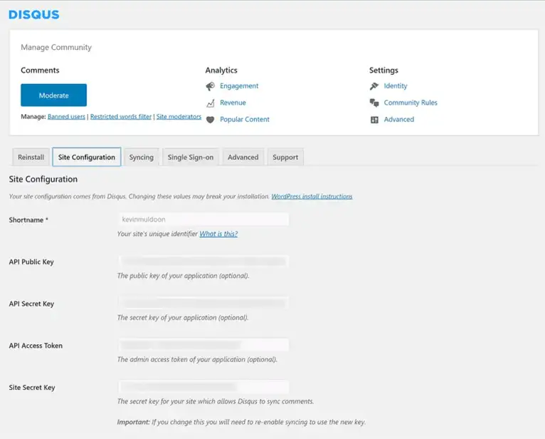 Impostazioni del sito Disqus