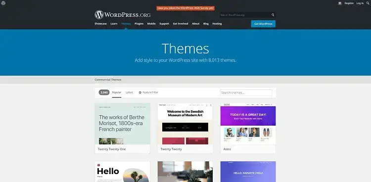 Halaman inventaris tema WordPress.org
