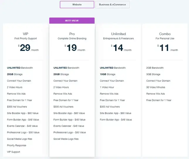 خطط تسعير Wix