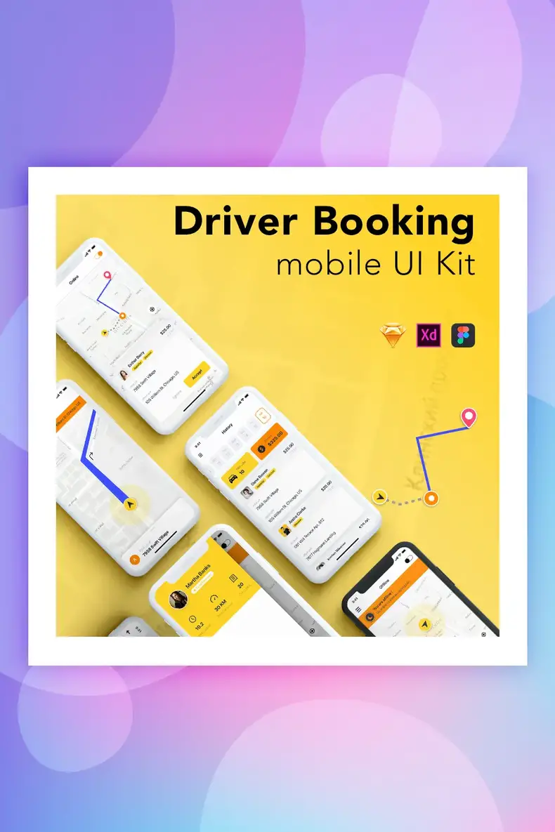 Modèle de croquis du kit d'interface utilisateur de réservation de chauffeur de taxi