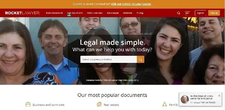الصفحة الرئيسية لموقع RocketLawyer