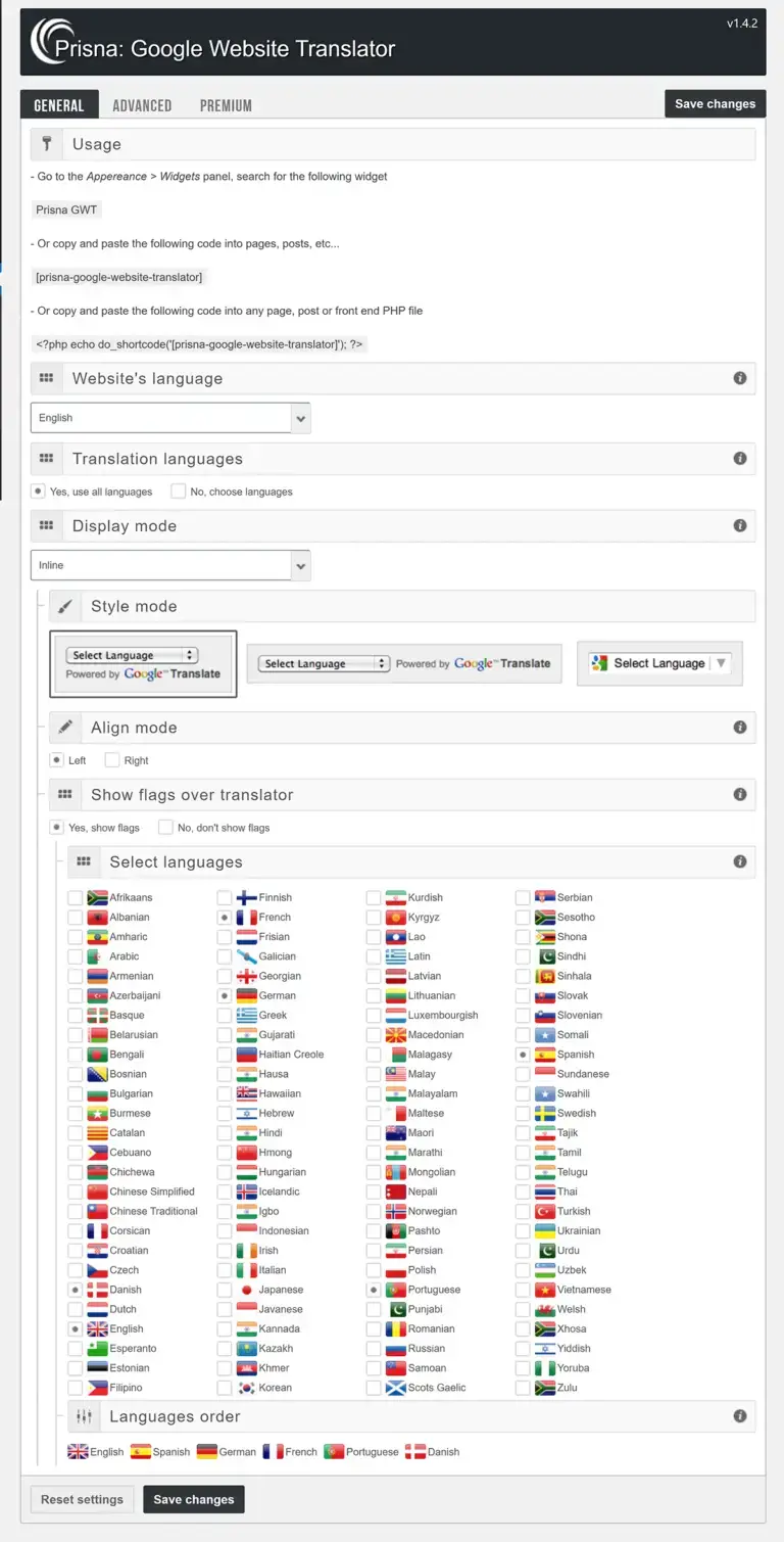 Configurações gerais no Google Website Translate
