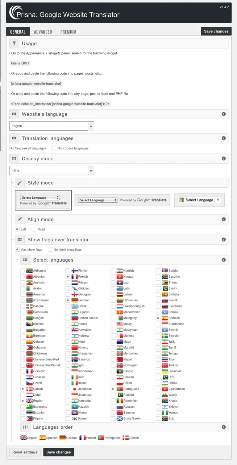 Paramètres généraux dans Google Website Translator