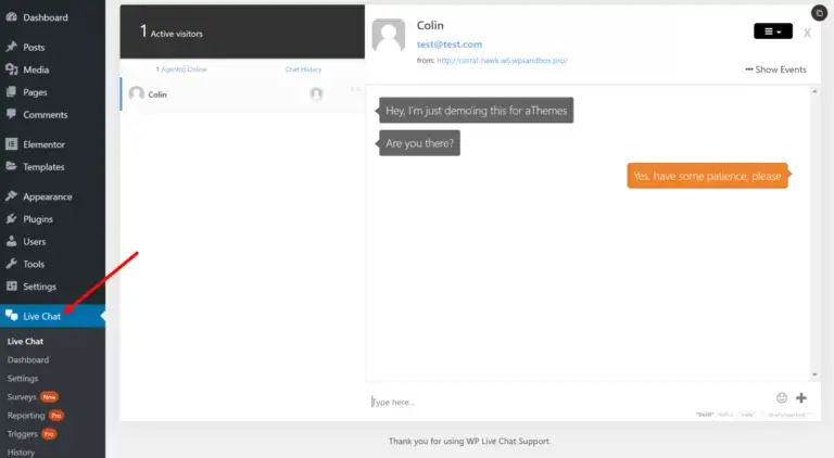 Interface de prise en charge de WP Live Chat