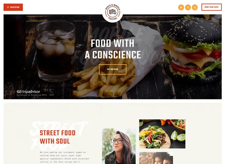 Makanan dan Roda |  Festival Makanan Jalanan & Tema WordPress Pengiriman Makanan Cepat Saji