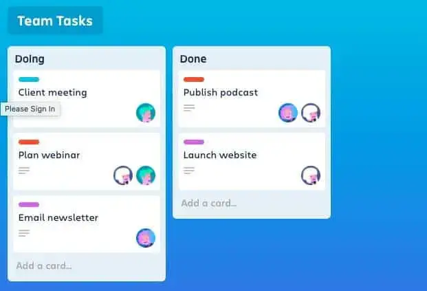 Gestão da equipe Trello