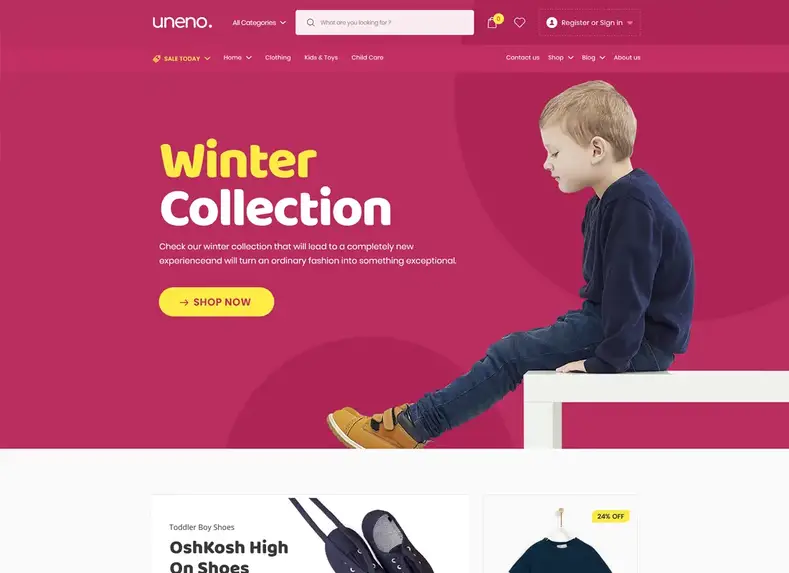 Uneno |  Pakaian Anak-anak dan Toko Mainan Tema WooCommerce