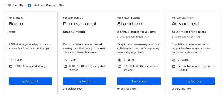 صفحة تسعير Dropbox