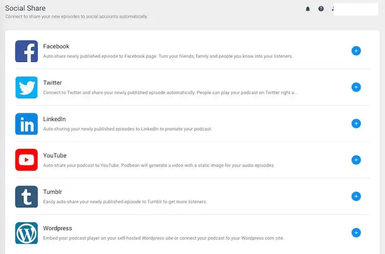 Podbean: opções de compartilhamento social