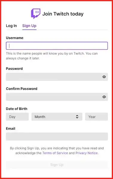 Twitch registrering side desktop