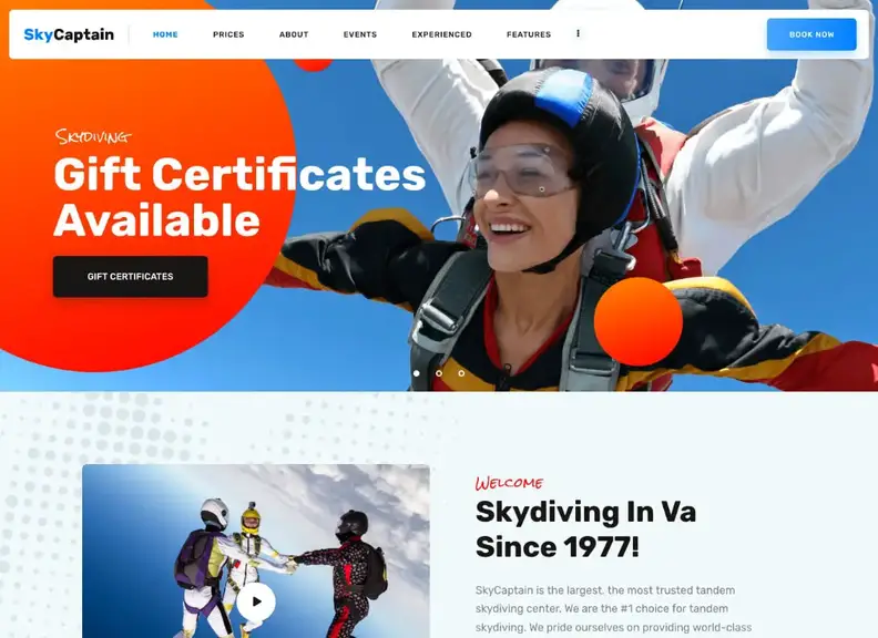 Capitano del cielo |  Tema WordPress per paracadutismo e sport di volo estremi