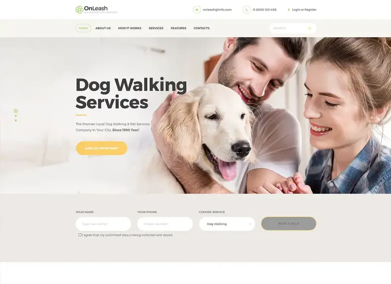 OnLeash |  Tema WordPress Dog Walking & Layanan Hewan Peliharaan