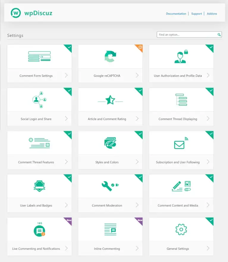 Il menu principale delle impostazioni di wpDiscut