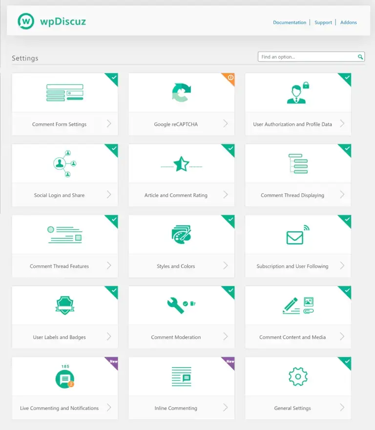 Le menu de configuration principal de wpDiscuz