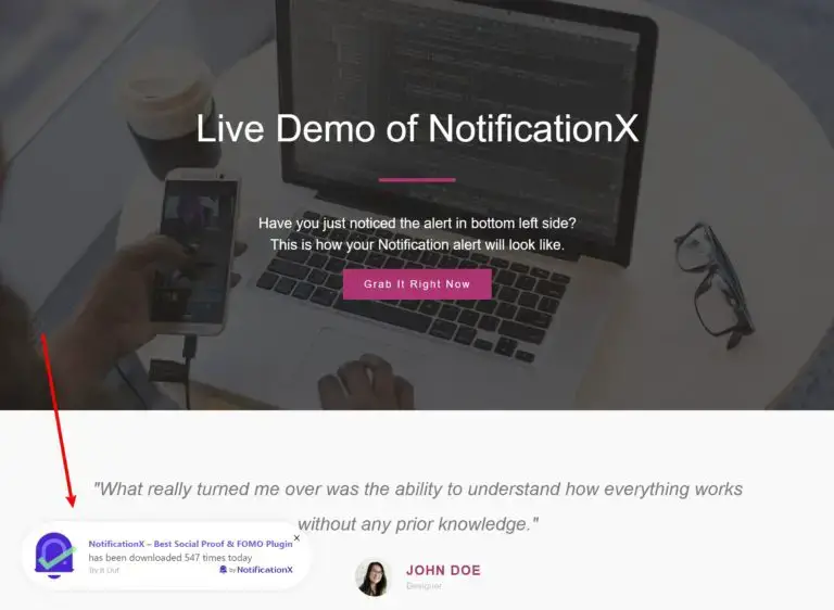 Esempio di NotificationX