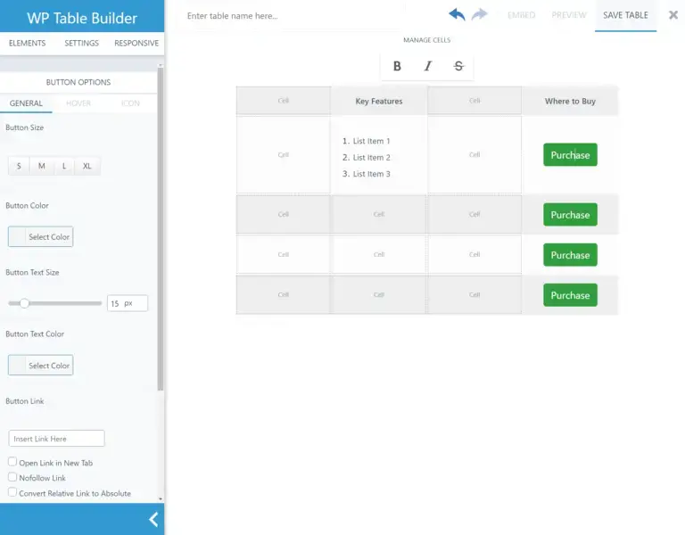 Options de style WP Table Builder