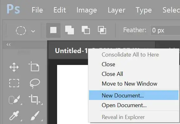 Adobe Photoshop opretter et nyt dokument