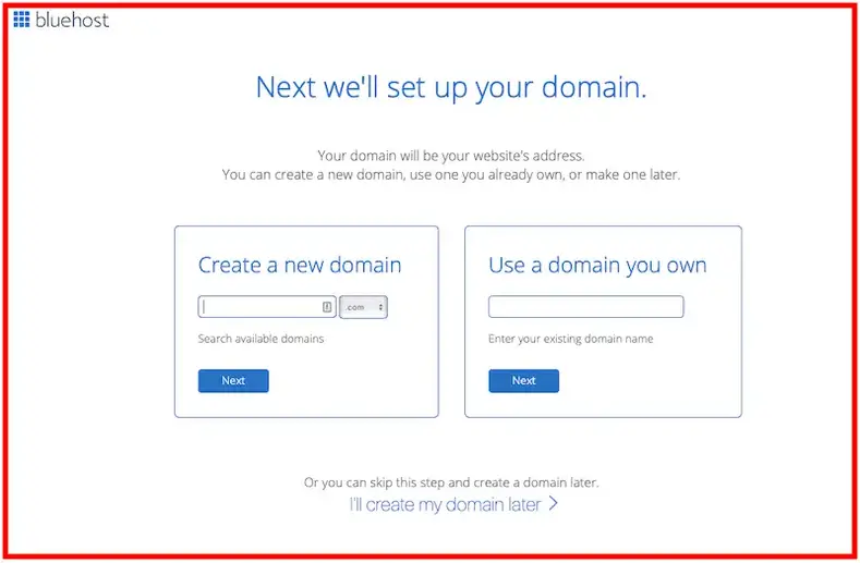 Bluehost regisztrációs folyamat: domain név