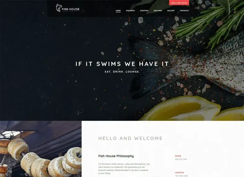 Casa de peixe |  Tema WordPress de um restaurante/café/bar de frutos do mar elegante