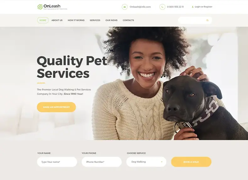 OnLeash - Thème WordPress pour promenades de chiens et services pour animaux de compagnie