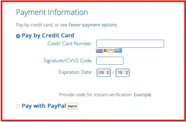 Bluehost regisztrációs folyamat: fizetési adatok hozzáadása
