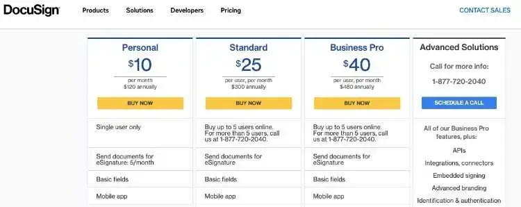 صفحة تسعير DocuSign
