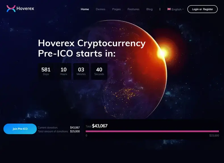 Hoverex |  Thème WordPress pour crypto-monnaies et ICO + espagnol