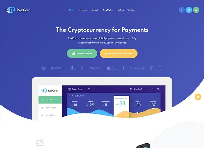 RexCoin |  Un thème WordPress polyvalent crypto-monnaie et pièce de monnaie ICO