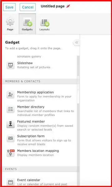 Opções de gadget de associação