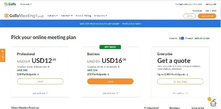 صفحة تسعير GoToMeeting