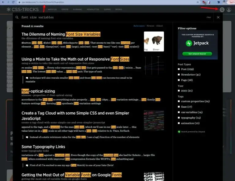 Un exemple de recherche Jetpack de CSS-Tricks