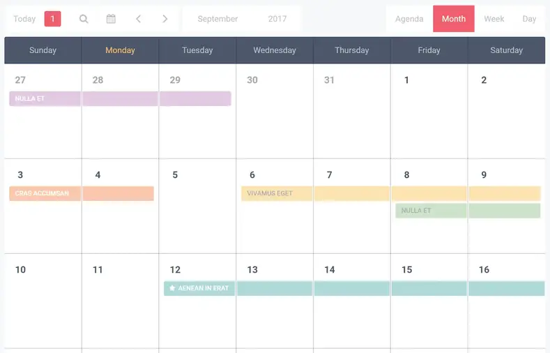 Vue mensuelle du calendrier
