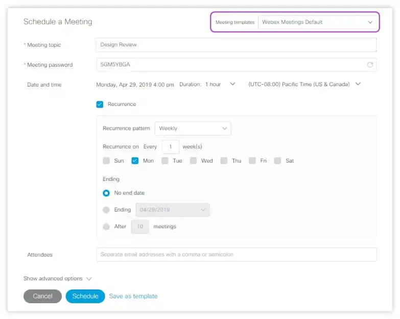 Webex: pianificare una riunione