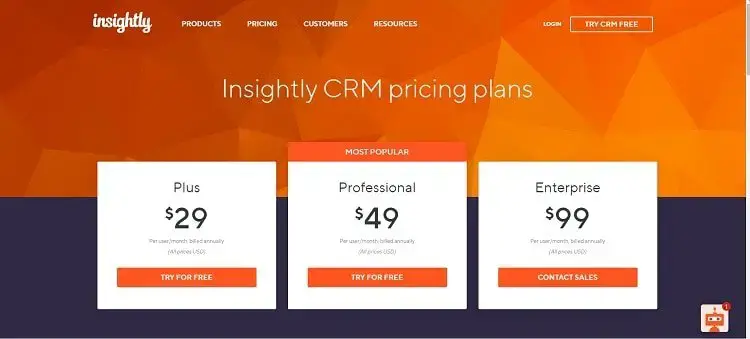 Insightly Pricing Page