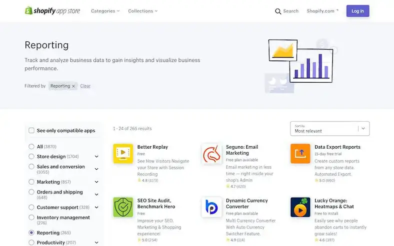 Opções de relatórios do Shopify