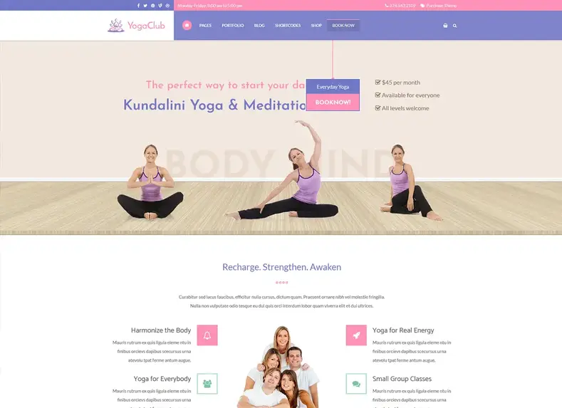 Klub Yoga |  Tema WordPress untuk kesehatan, pusat yoga, studio yoga, dan pelatih yoga
