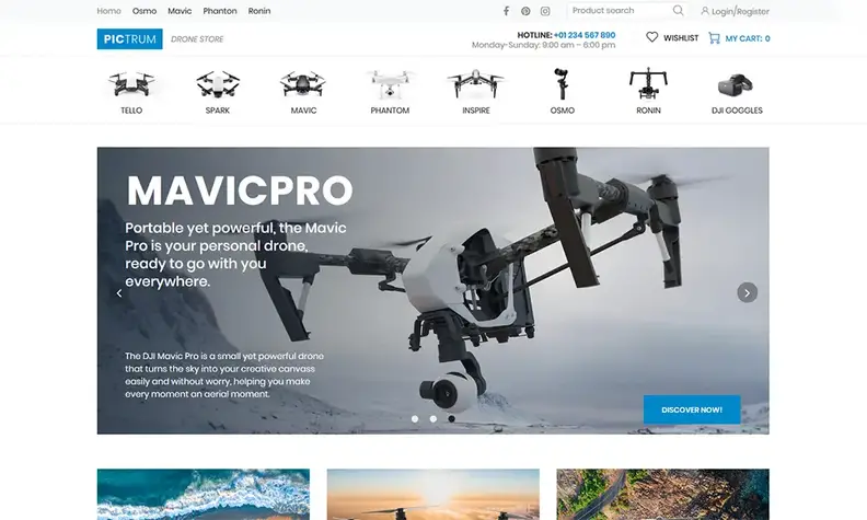 Pictrum - Drone Mağazası E-Ticaret Minimal Elementor WooCommerce Tema hedefi =