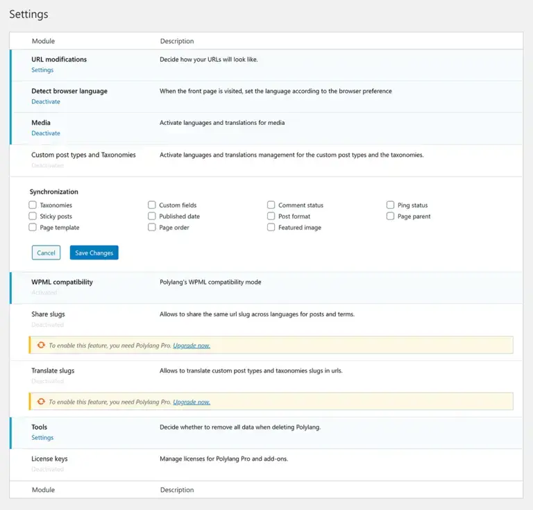 Página de configuração do Polylang