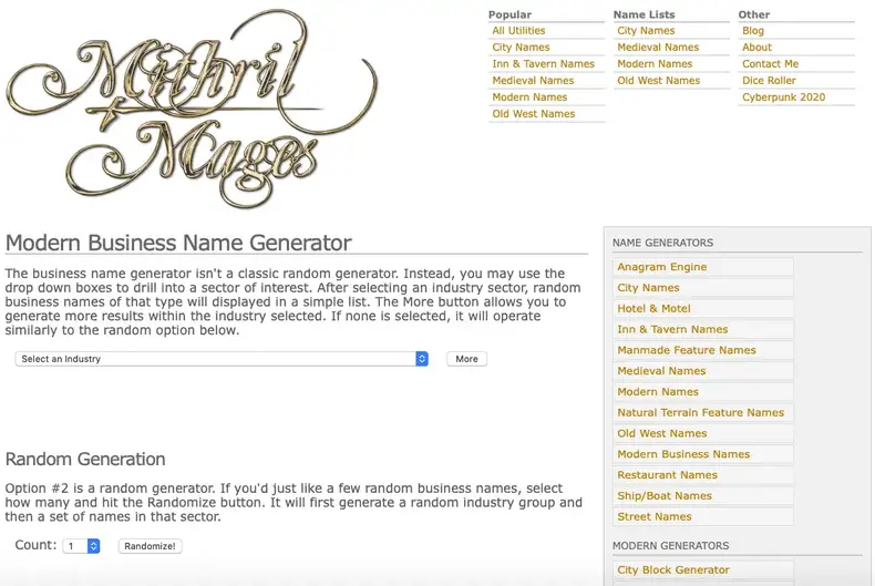 Generatore di nomi commerciali di Mithril e Mages