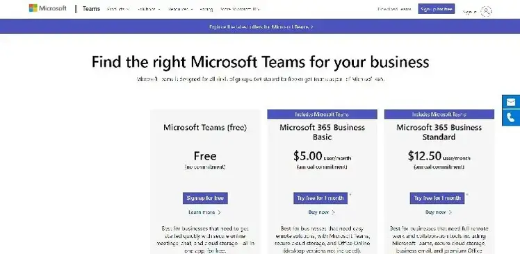 Halaman harga Microsoft Teams