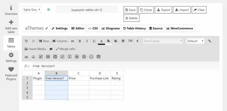 interface du générateur de table de données
