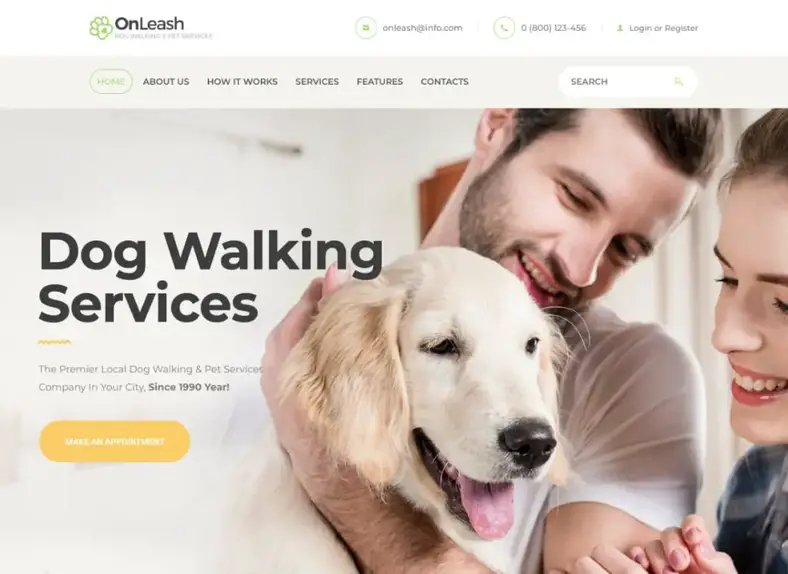 en laisse |  Thème WordPress pour promenades de chiens et services pour animaux de compagnie