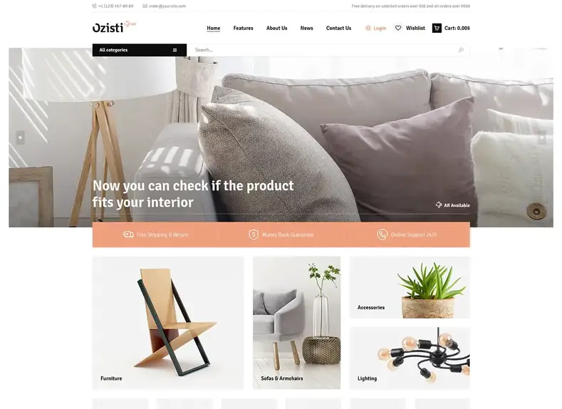 Ozisti |  Un thème WordPress de luxe prêt pour la boutique de réalité augmentée multi-concept WooCommerce