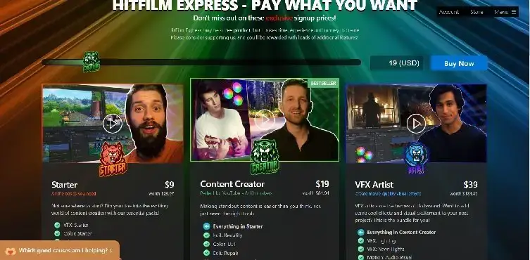 Página de preços do HitFilm Express
