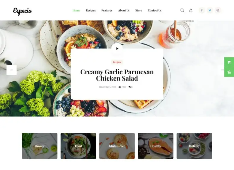 Espécie |  Tema WordPress do blog de comida de Gutenberg