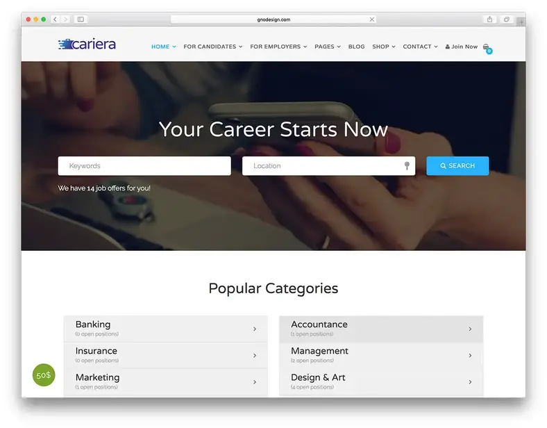 Cariera - moteur de recherche d'emploi construit avec WordPress